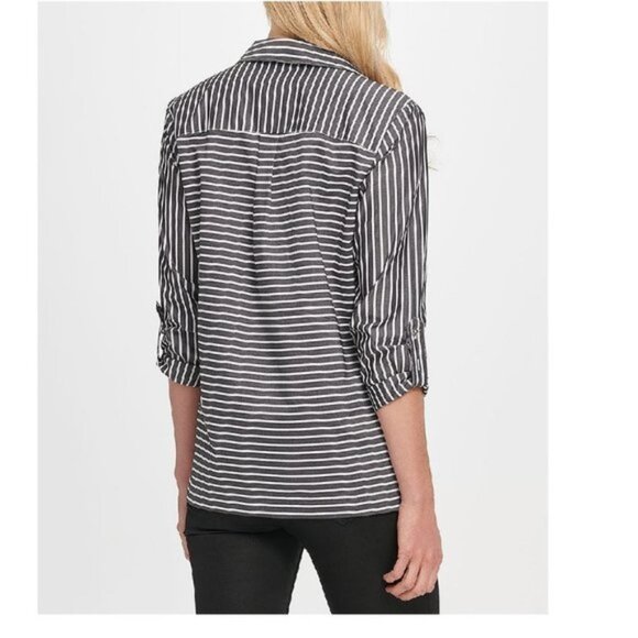 Dkny Cotton Striped Roll-Tab Top - Picture 2 of 5